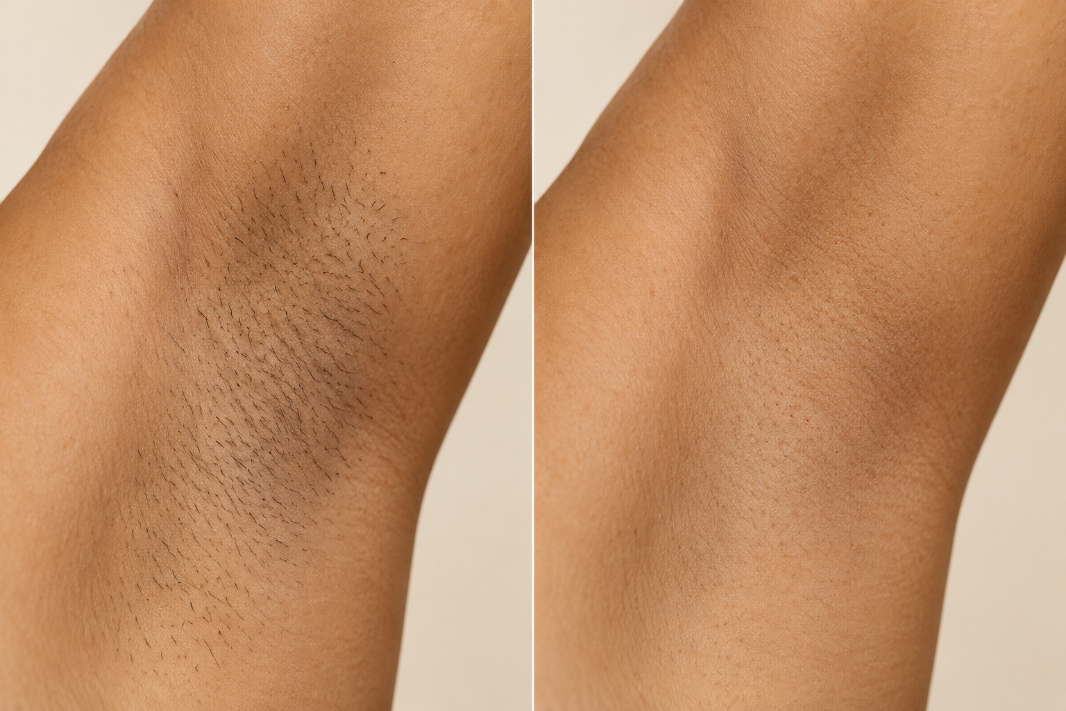 Illustrative close-up comparison showing underarm stubble on the left and smoother skin on the right