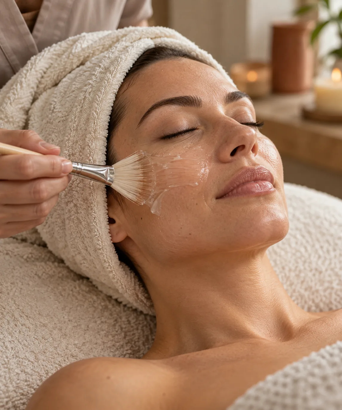 Illustration of a relaxing facial peel being applied with a soft brush