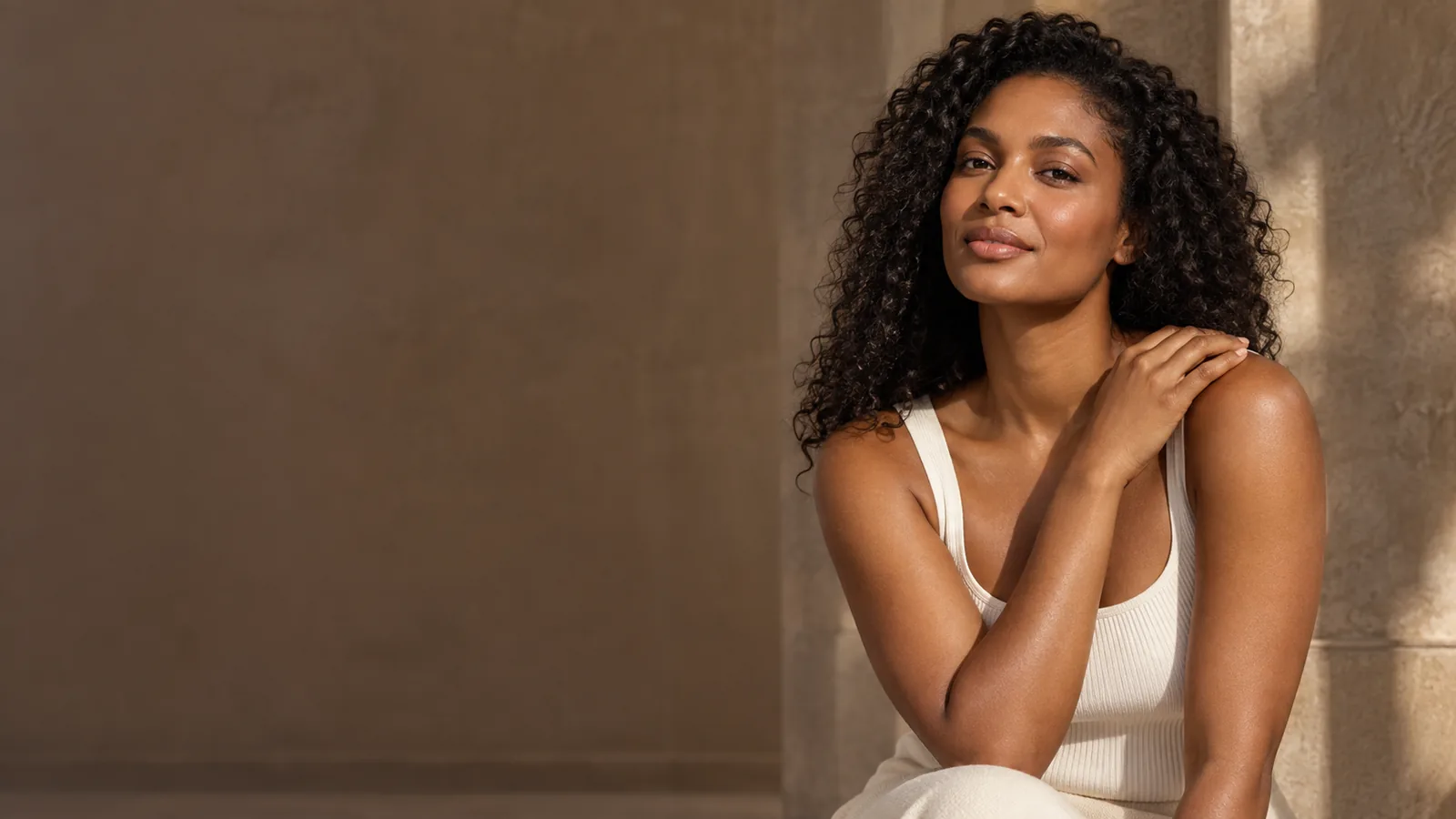 Confident woman with smooth, naturally textured skin